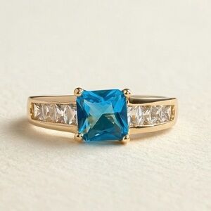 18k Gold Plated Ring | 1.5 Ct Princess-Cut Blue Sapphire & Zircon
